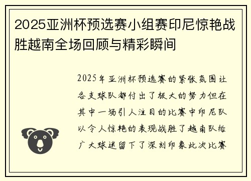 2025亚洲杯预选赛小组赛印尼惊艳战胜越南全场回顾与精彩瞬间
