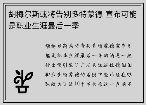 胡梅尔斯或将告别多特蒙德 宣布可能是职业生涯最后一季