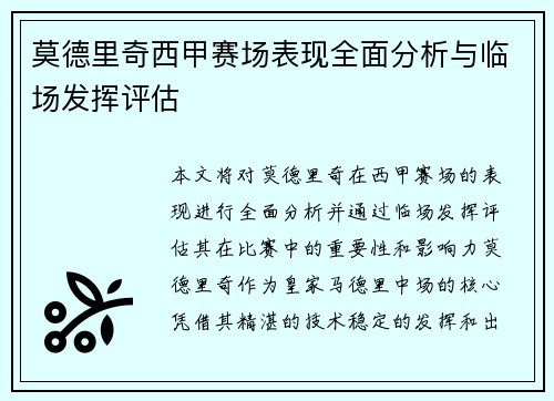 莫德里奇西甲赛场表现全面分析与临场发挥评估